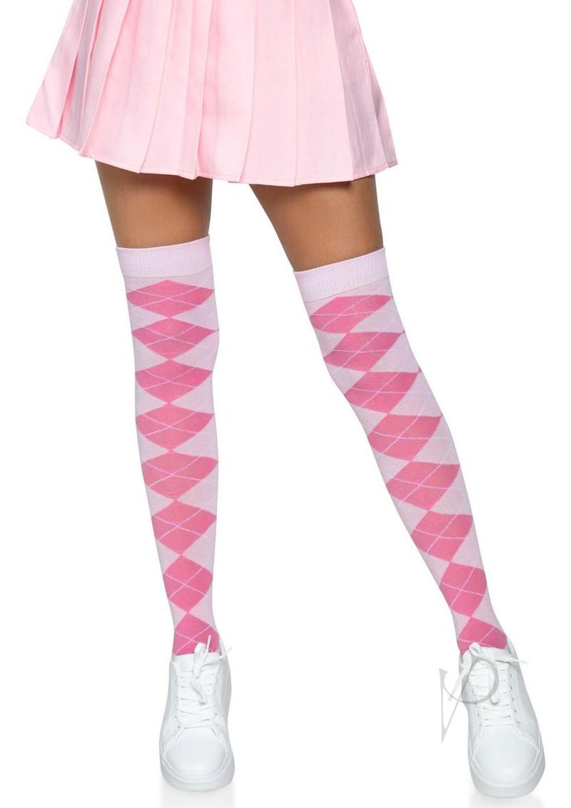 Argyle Knit Over The Knee Socks Os Pink