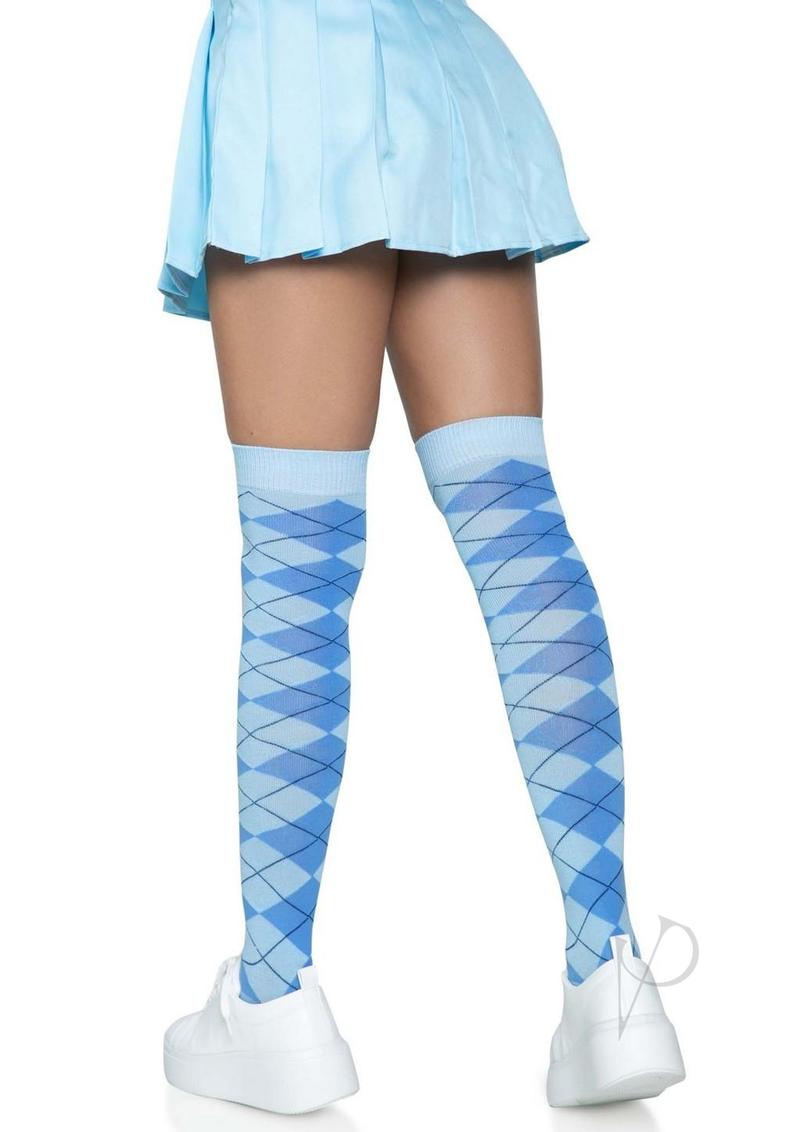 Argyle Knit Over The Knee Socks Os Blue
