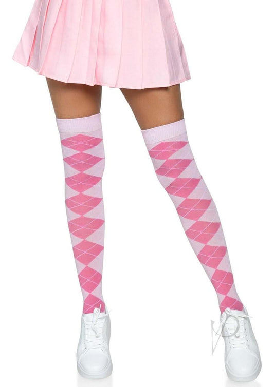 Argyle Knit Over The Knee Socks Os Pink